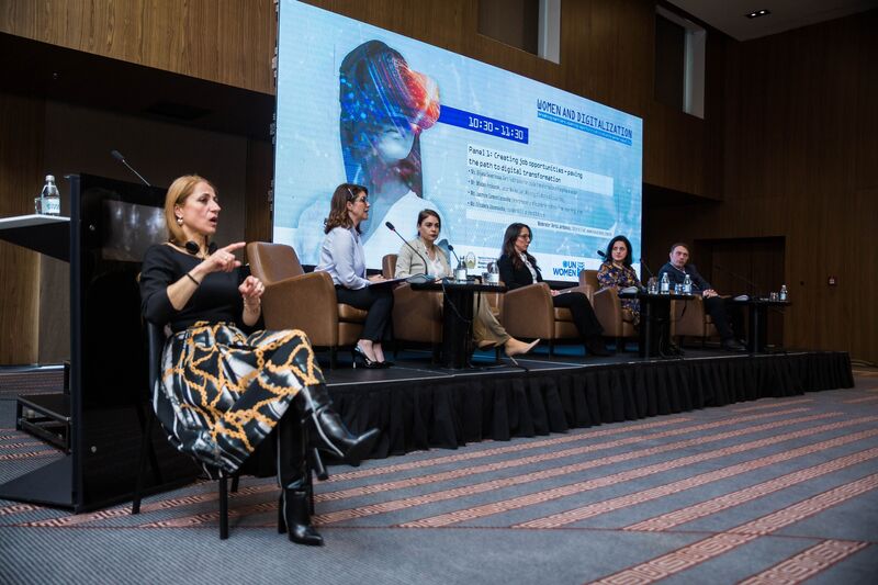 Our CEO and Founder on the UNDP_MK conference panel discussing important topics such as ability, equality, inclusion and diversity.

There are four other people in this panel. Three women and one one man. There is also a lady that translates the panel in sign language. 