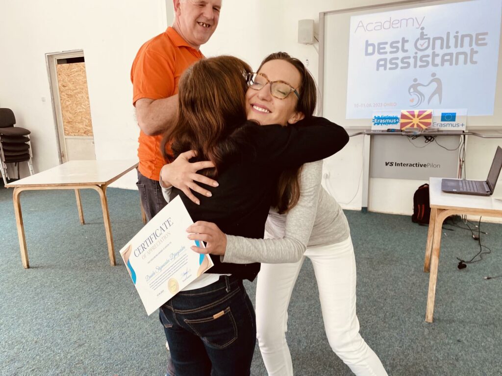 Dance, person with cerebral palsy, hugging our founder and CEO